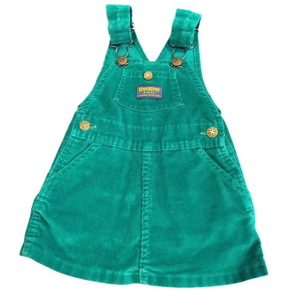 Oshkosh B’Gosh vintage 2T corduroy overall dress green 2T girls toddler USA made